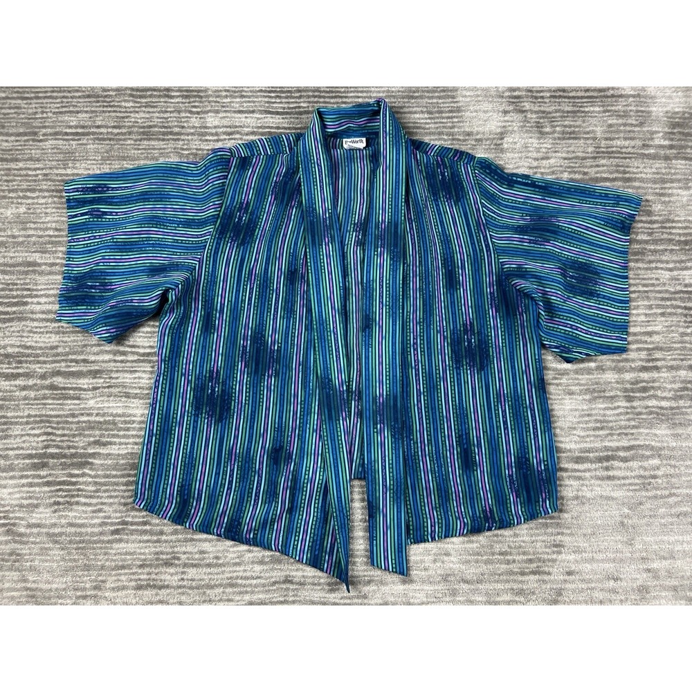 BonWorth Top Womens S Petite Blue Green Striped Open Front Short Sleeve 31359